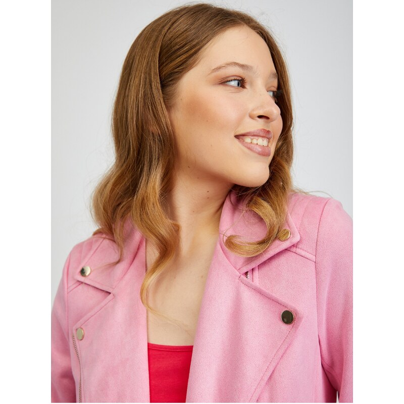 Orsay Růžová dámská koženková bunda v semišové úpravě - Dámské