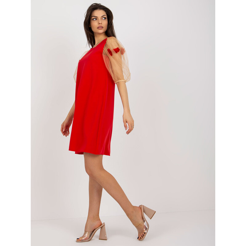 BASIC Červené elegantní koktejlové šaty s 3D květinami --červené Červená