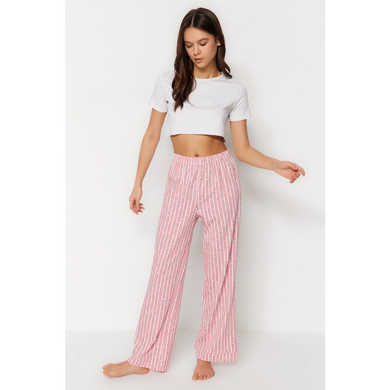 Trendyol Růžové bavlněné pruhované pletené pyžamové kalhoty
