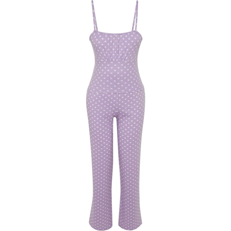 Trendyol Lilac Polka Dot Cotton Undershirt-Pants Knitted Pajama Set