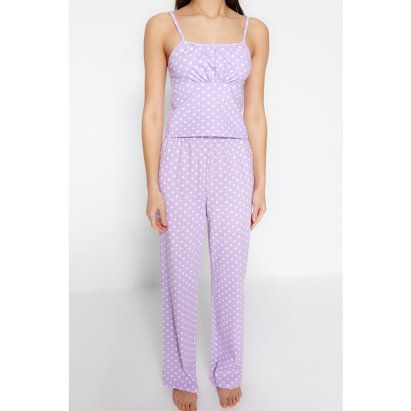 Trendyol Lilac Polka Dot Cotton Undershirt-Pants Knitted Pajama Set