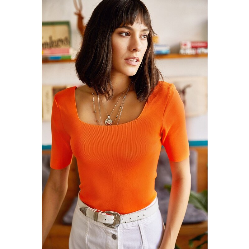 Olalook Women's Orange Square Neck Waist Top Knitwear Blouse