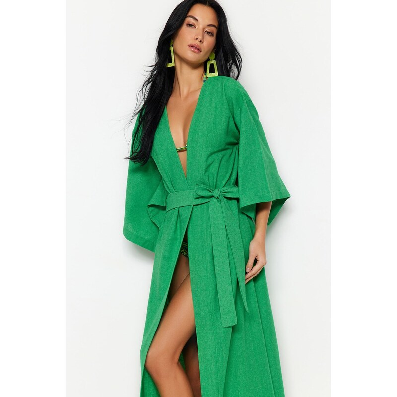 Trendyol Green Belted Maxi Woven Linen Look Kimono & Kaftan