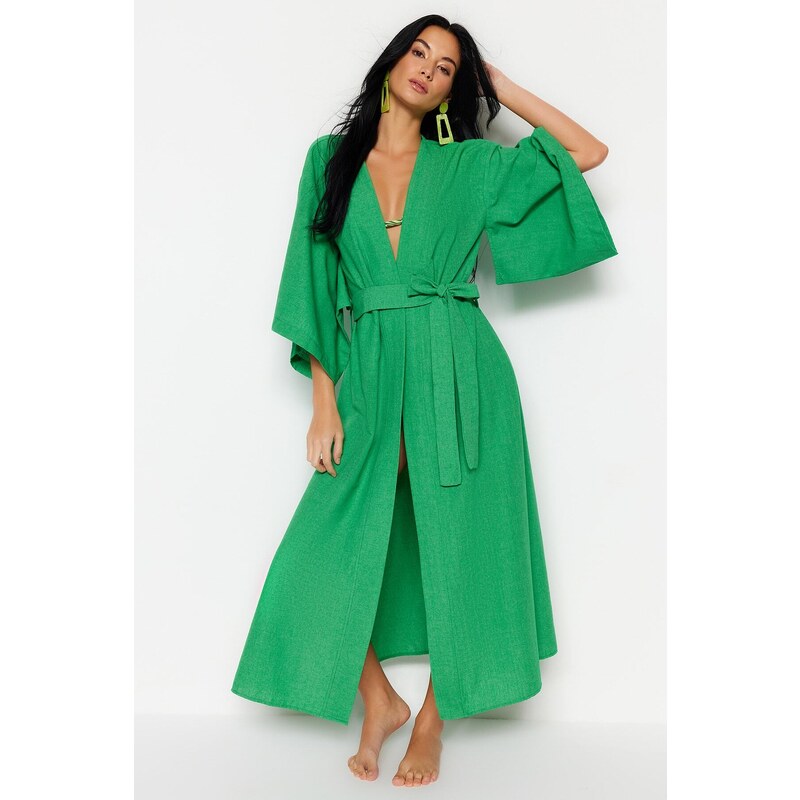 Trendyol Green Belted Maxi Woven Linen Look Kimono & Kaftan