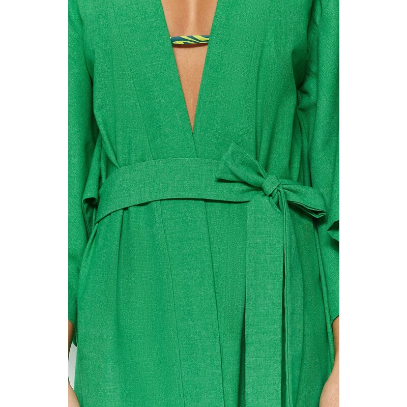 Trendyol Green Belted Maxi Woven Linen Look Kimono & Kaftan