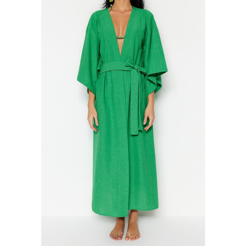 Trendyol Green Belted Maxi Woven Linen Look Kimono & Kaftan