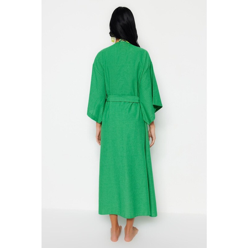 Trendyol Green Belted Maxi Woven Linen Look Kimono & Kaftan