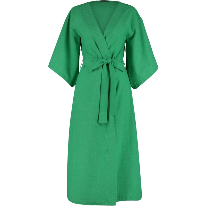 Trendyol Green Belted Maxi Woven Linen Look Kimono & Kaftan