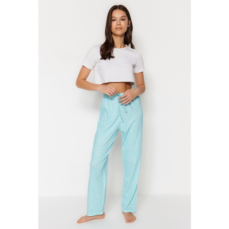 Trendyol Light Blue Floral Knitted Cotton Pajamas Bottoms