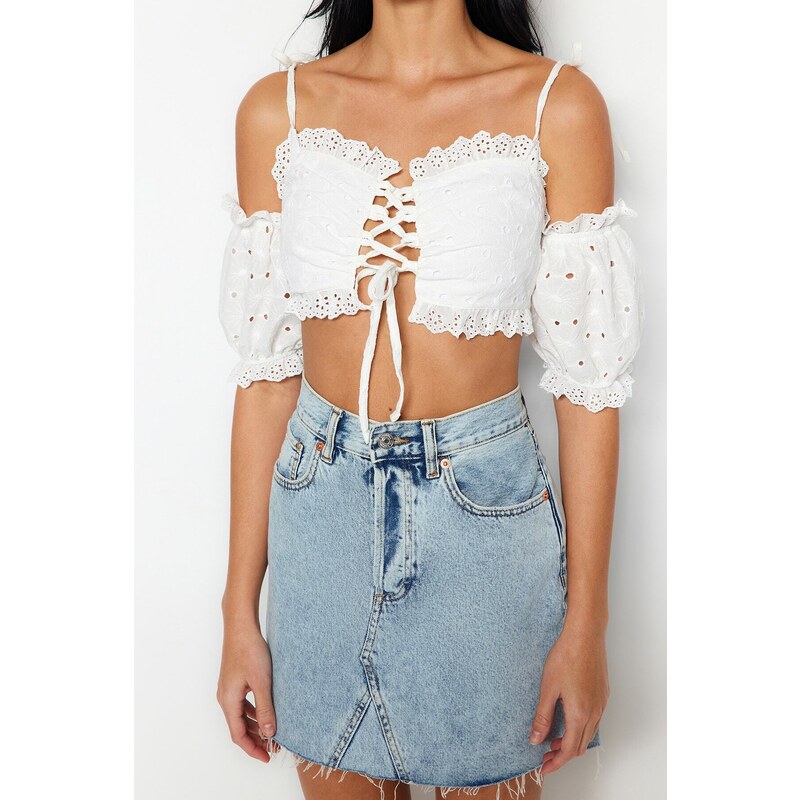 Trendyol White Crop Woven Ruffle 100% Cotton Blouse