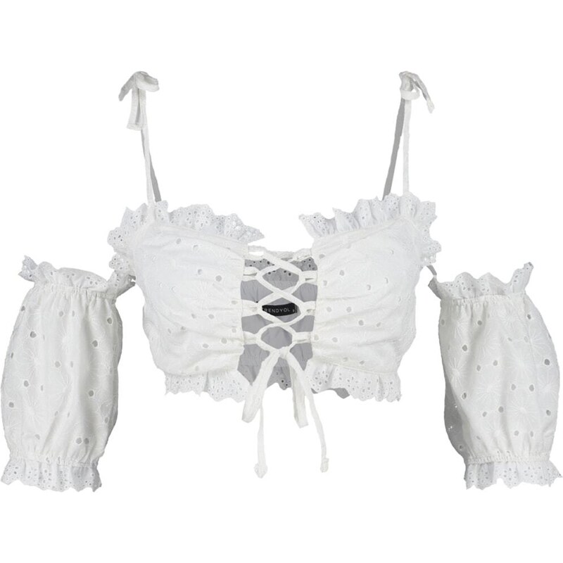 Trendyol White Crop Woven Ruffle 100% Cotton Blouse