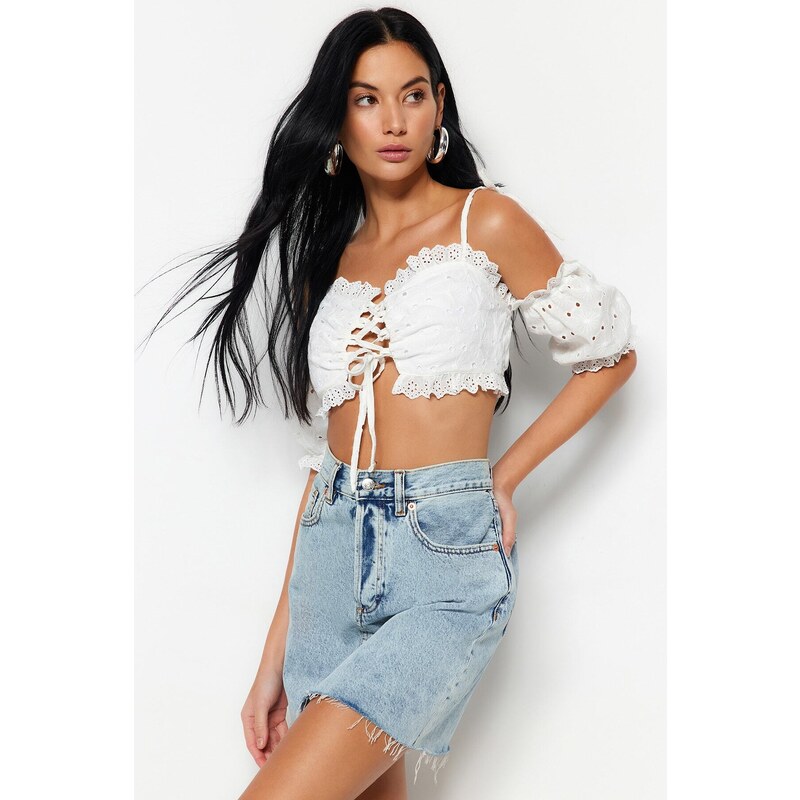 Trendyol White Crop Woven Ruffle 100% Cotton Blouse