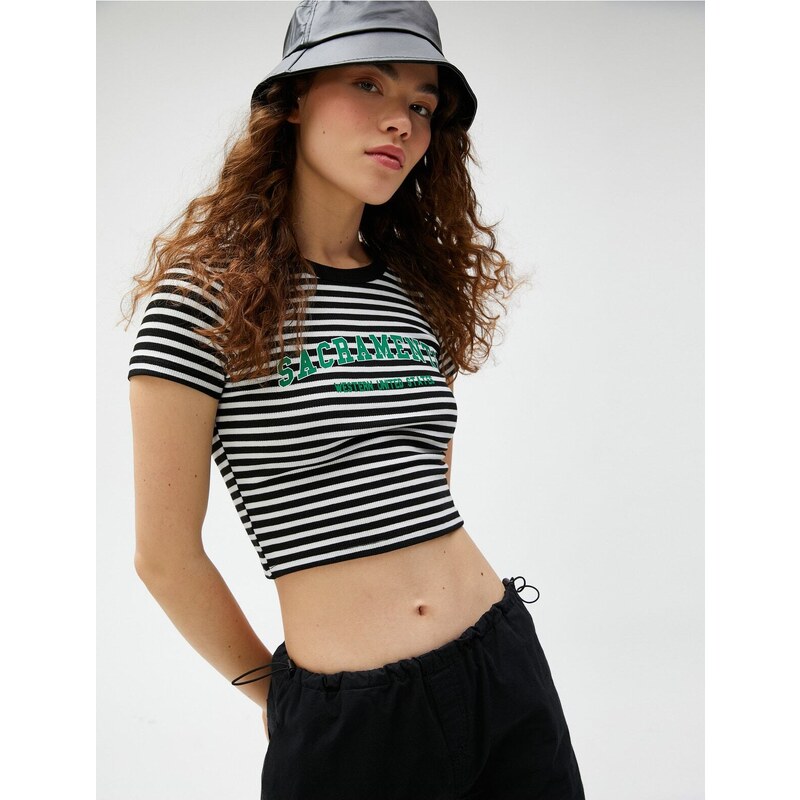 Koton Crop T-Shirt Printed Crew Neck Short Sleeve Ribbed