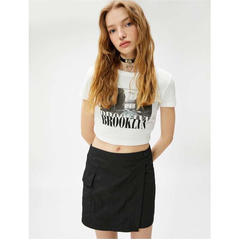 Koton Crop T-Shirt Printed Crew Neck Short Sleeve Cotton