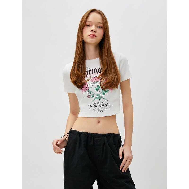 Koton Crop T-Shirt Printed Short Sleeve Crew Neck Cotton