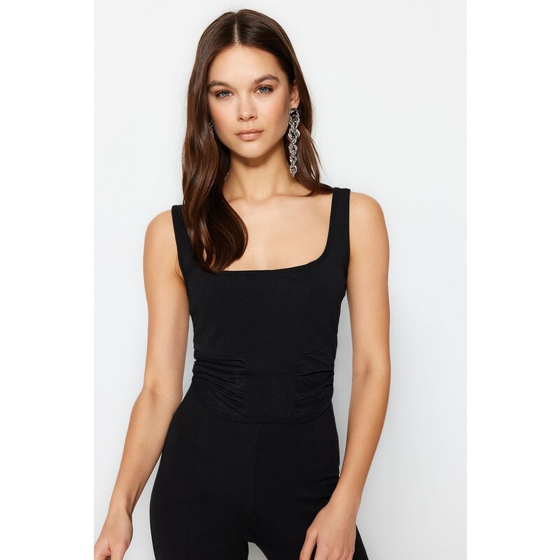 Trendyol Black Tulle Detailed Fitted Crop Square Neck Crepe Knitted Bustier