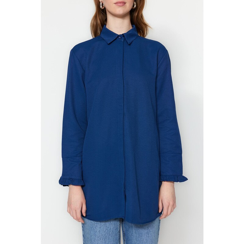 Trendyol Indigo Frilly Denim Look Woven Cotton Shirt