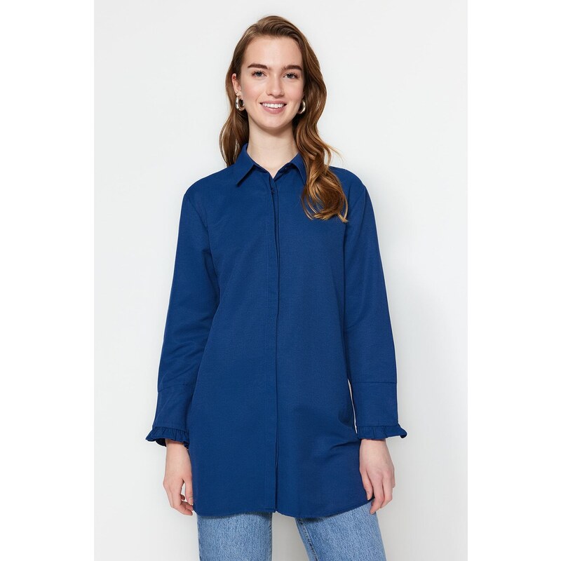 Trendyol Indigo Frilly Denim Look Woven Cotton Shirt