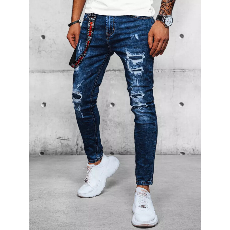 BASIC Tmavě modré pánské džíny s oděrkami Denim vzor