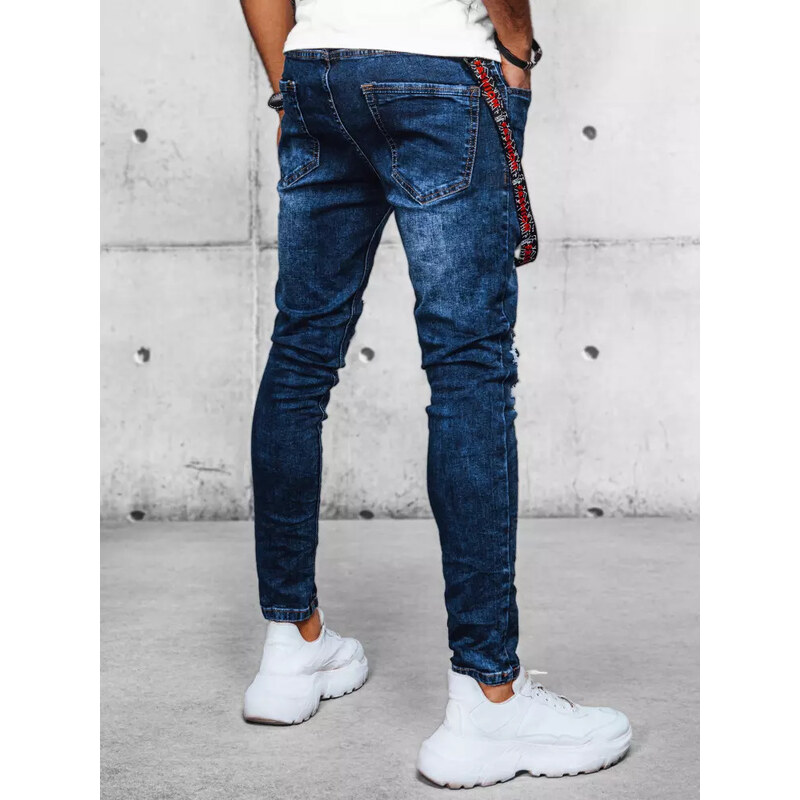 BASIC Tmavě modré pánské džíny s oděrkami Denim vzor