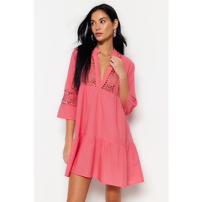 Trendyol Beige Mini Woven Lace Detailed 100% Cotton Beach Dress