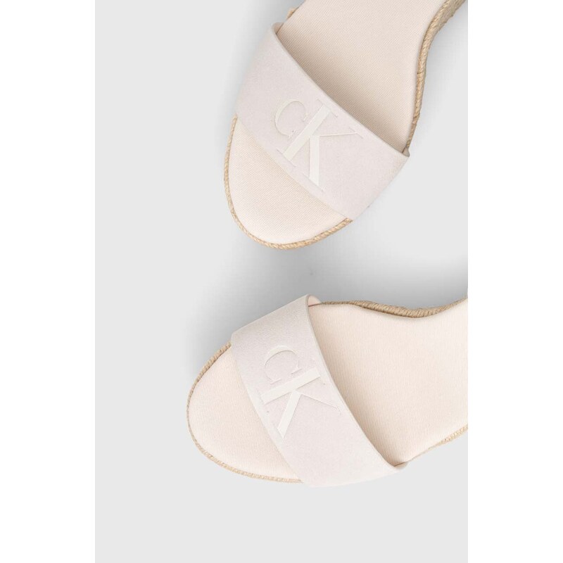 Semišové sandály Calvin Klein Jeans WEDGE SANDAL SU CON MG BTW dámské, béžová barva, na platformě, YW0YW01026