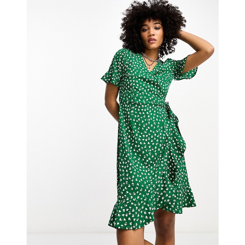 ONLY frill wrap mini dress in green ditsy floral 91424272