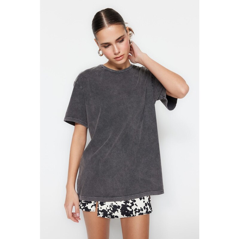 Trendyol Anthracite 100% Cotton Faded Effect Boyfriend/Wide Fit Crew Neck Knitted T-Shirt