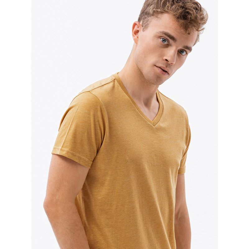 Ombre Clothing Pánské klasické tričko BASIC s výstřihem - hořčicový melír V19 S1369