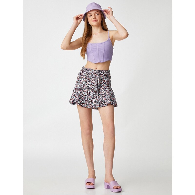 Koton Floral Shorts Skirt with Mini Belt Ruffled Waist.