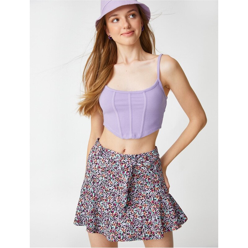 Koton Floral Shorts Skirt with Mini Belt Ruffled Waist.