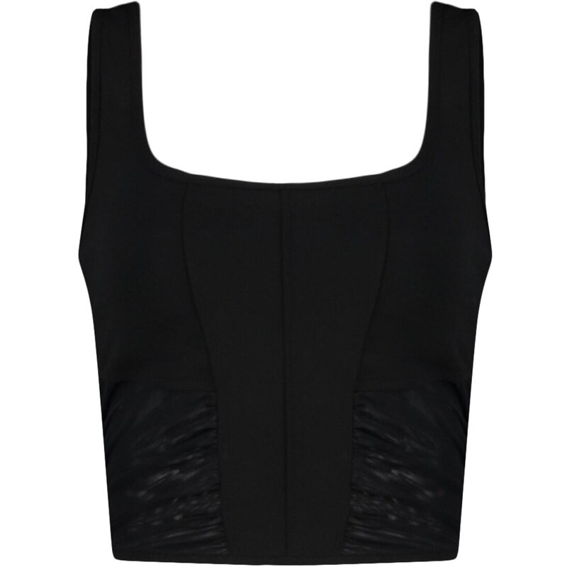 Trendyol Black Tulle Detailed Fitted Crop Square Neck Crepe Knitted Bustier
