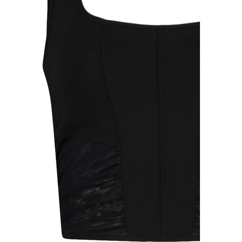 Trendyol Black Tulle Detailed Fitted Crop Square Neck Crepe Knitted Bustier