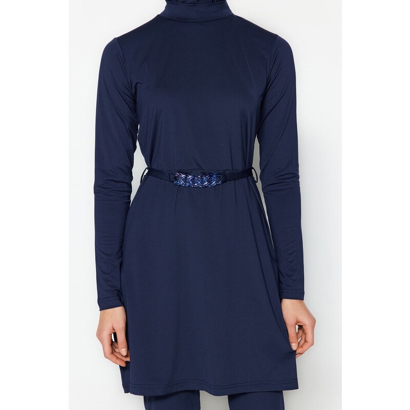 Trendyol Navy Blue Belt Fully Covered Knitted Lycra 4-Piece Swimsuit Set
