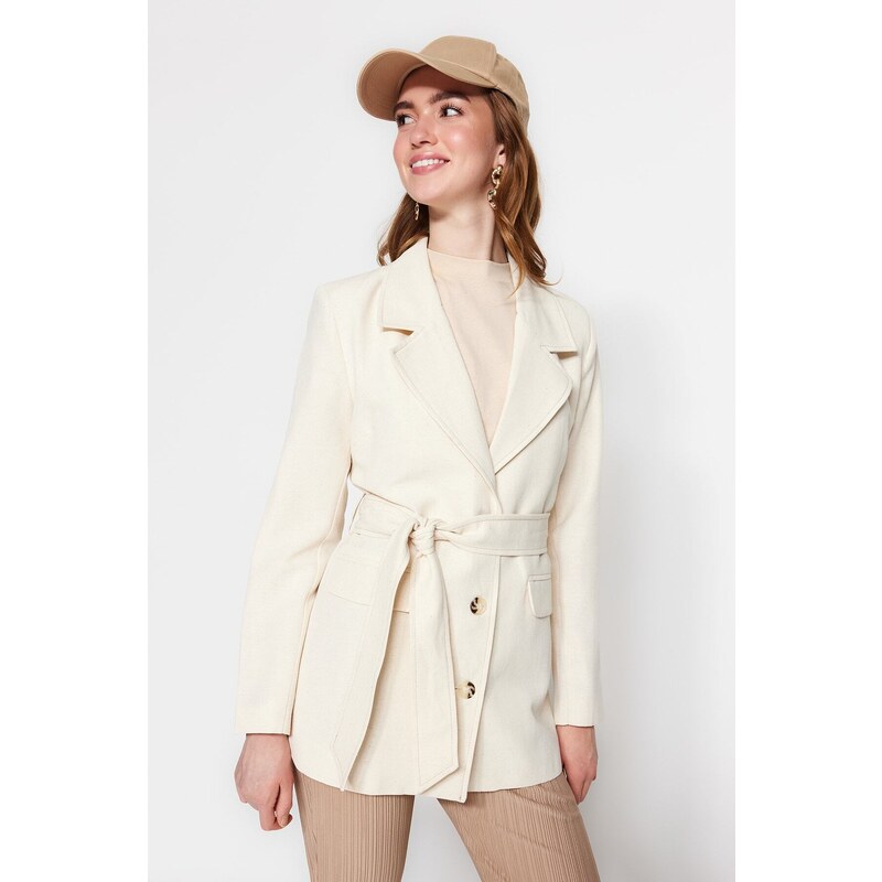 Trendyol Cream Tie Waist Belted Woven Lined Jacket