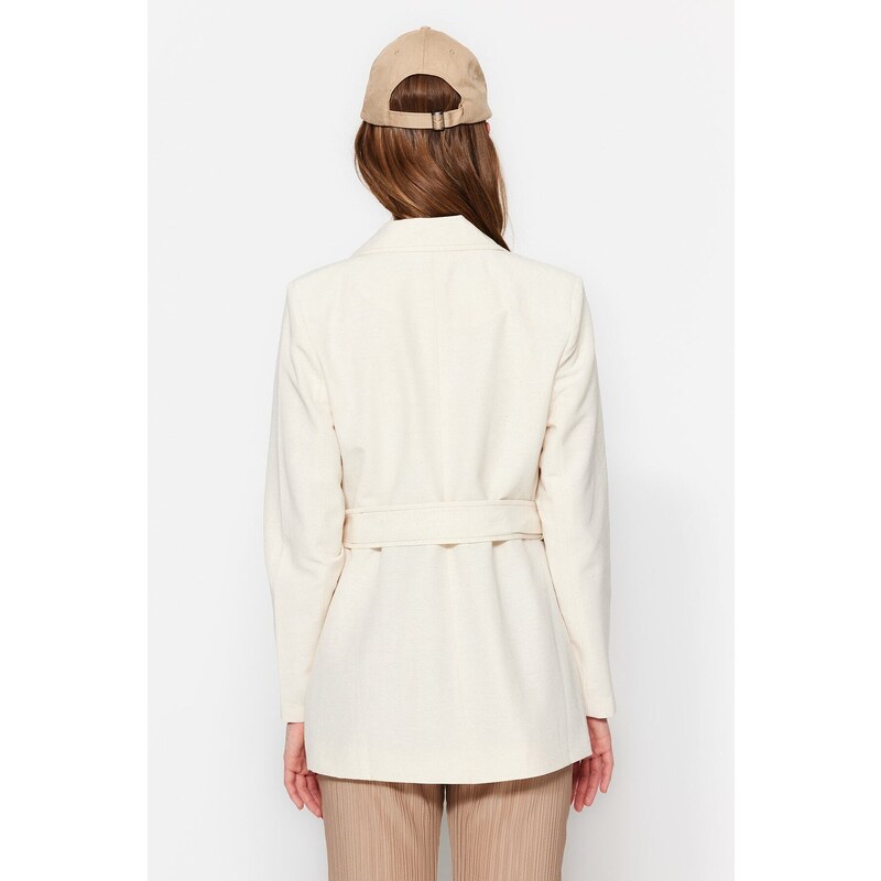 Trendyol Cream Tie Waist Belted Woven Lined Jacket