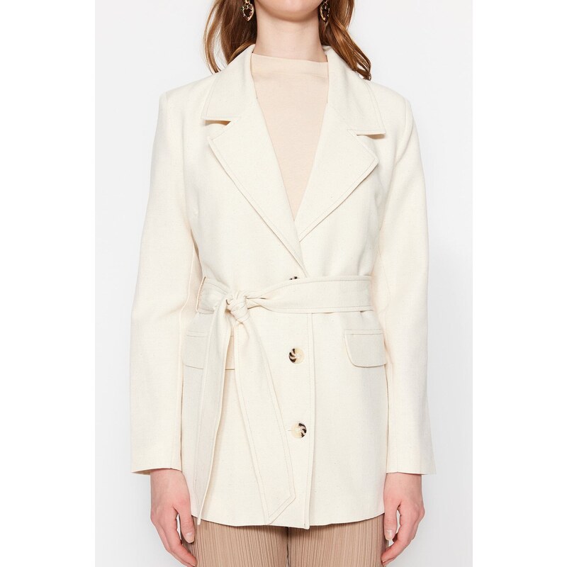 Trendyol Cream Tie Waist Belted Woven Lined Jacket