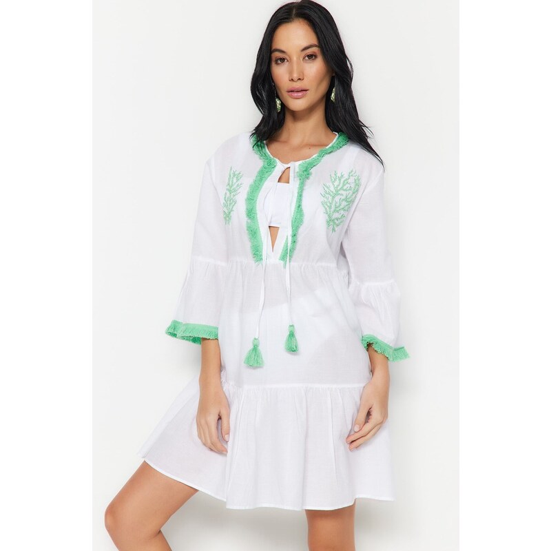 Trendyol zelené mini tkané střapce 100% bavlněné plážové šaty