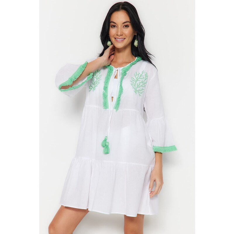 Trendyol zelené mini tkané střapce 100% bavlněné plážové šaty