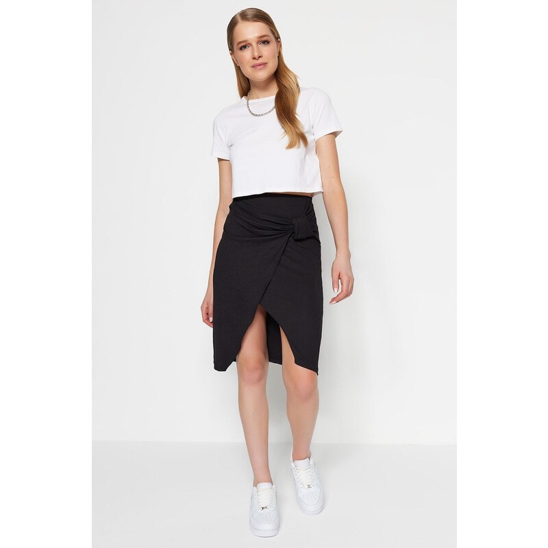 Trendyol Black Crepe Double Breasted High Waist Midi Knitted Skirt