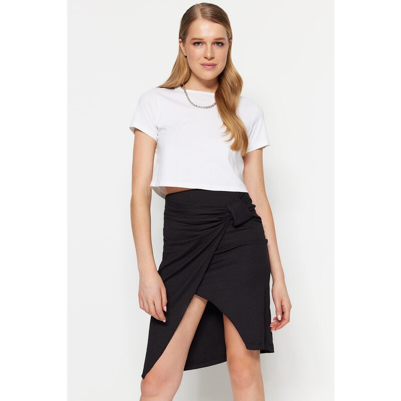 Trendyol Black Crepe Double Breasted High Waist Midi Knitted Skirt