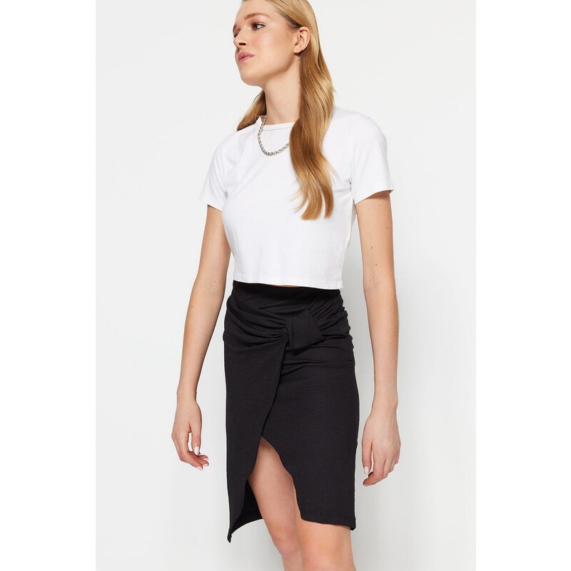 Trendyol Black Crepe Double Breasted High Waist Midi Knitted Skirt