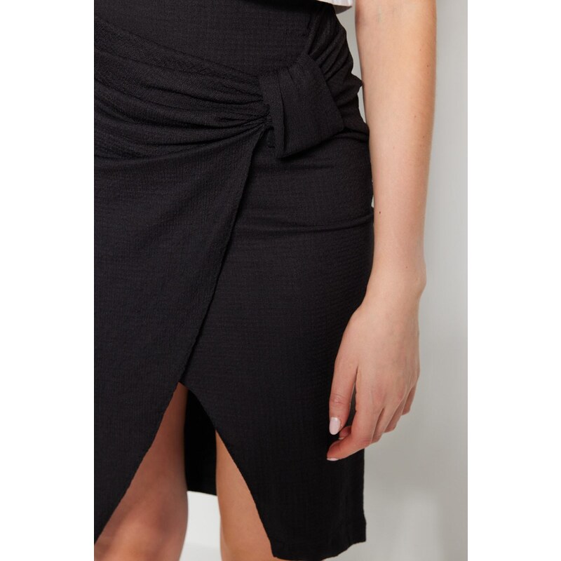 Trendyol Black Crepe Double Breasted High Waist Midi Knitted Skirt