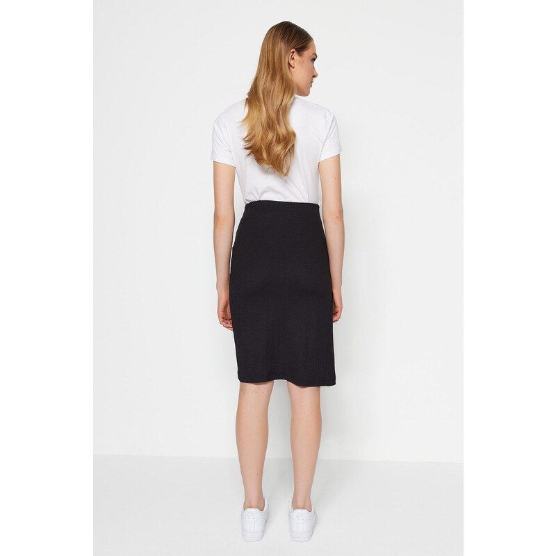 Trendyol Black Crepe Double Breasted High Waist Midi Knitted Skirt