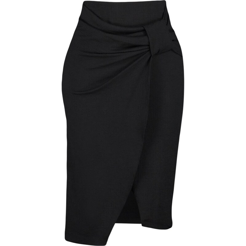Trendyol Black Crepe Double Breasted High Waist Midi Knitted Skirt