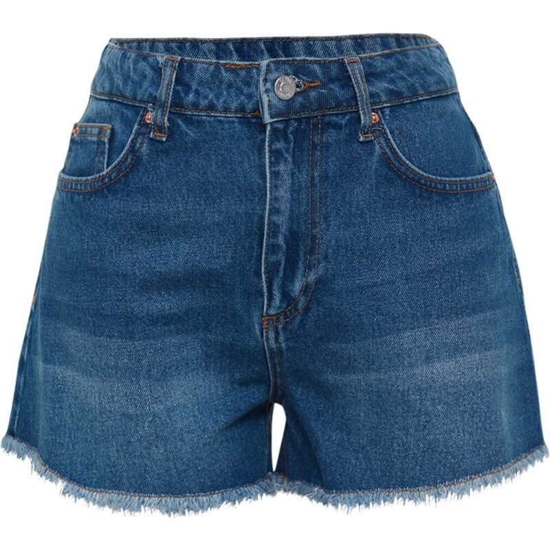 Trendyol Dark Blue Slit Detailed High Waist Denim Shorts