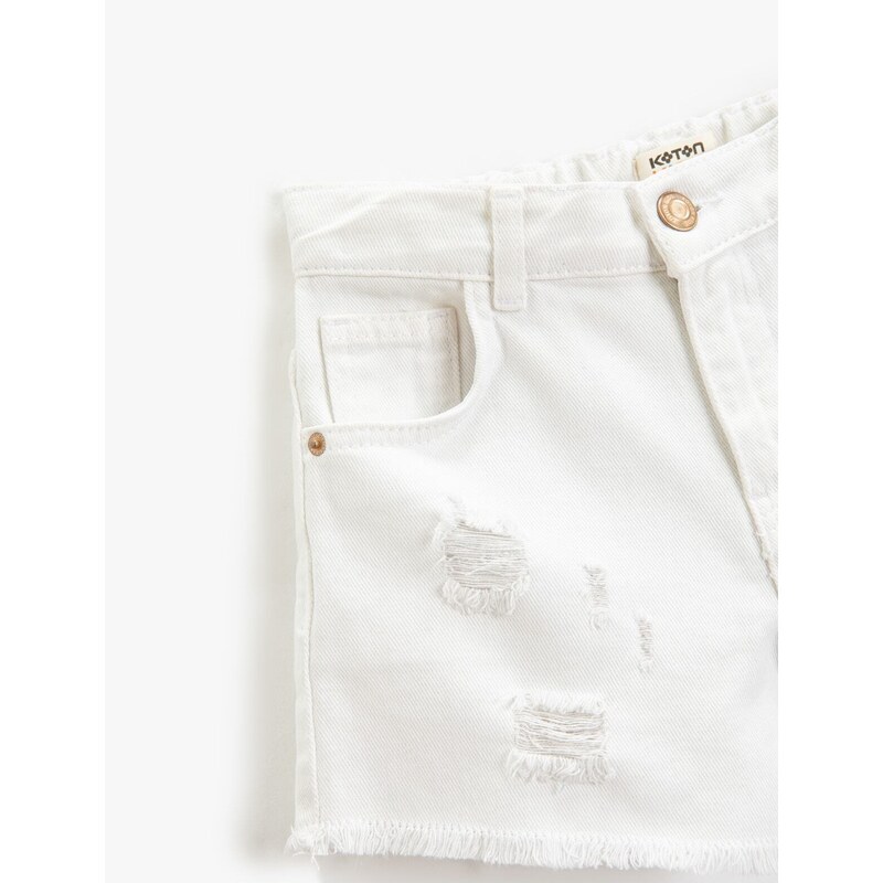 Koton Denim shorts with pockets, frayed details, cotton tassels around the edges, and an adjustable elasticated waist.