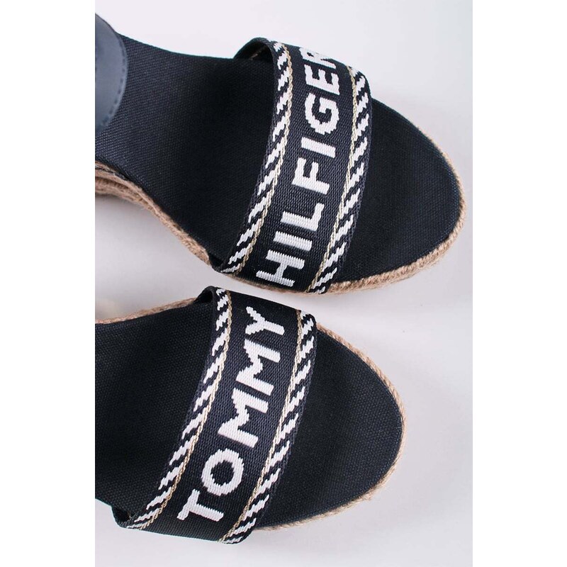 Tommy Hilfiger Tmavě modré kožené platformové sandály Seasonal Webbing Wedge