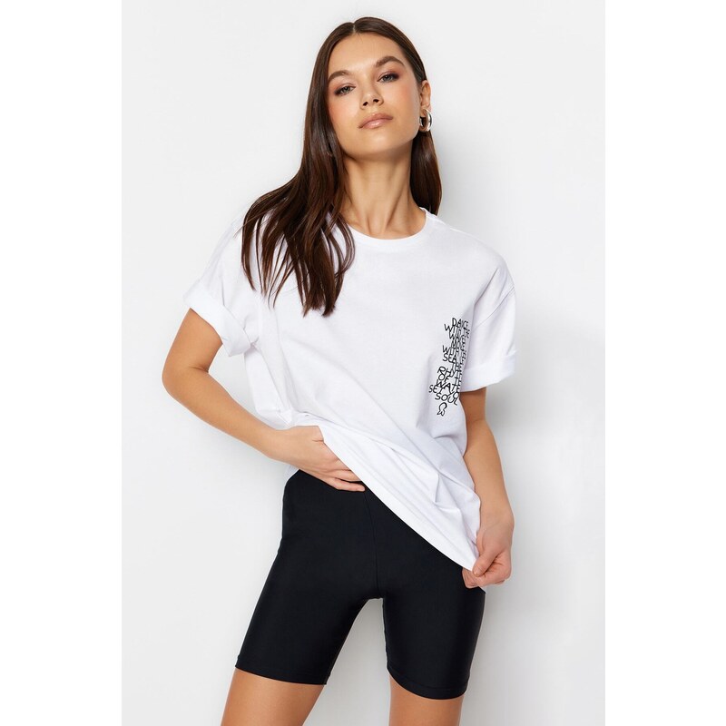 Trendyol White Printed Boyfriend/Wide Fit Knitted T-Shirt