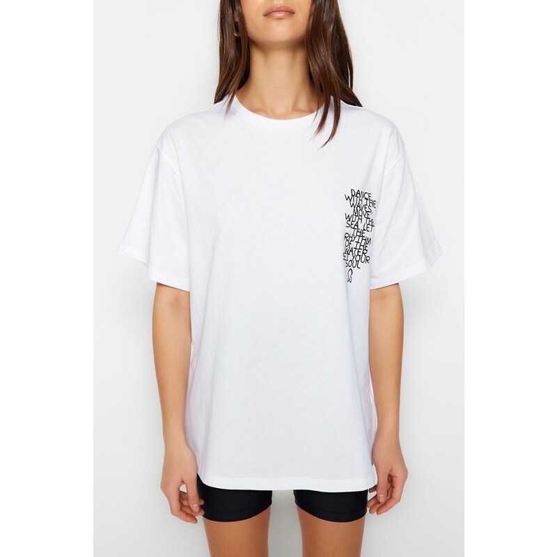 Trendyol White Printed Boyfriend/Wide Fit Knitted T-Shirt